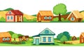 rural landscape. russian authentic backgrounds with wooden houses. Vector horizontal seamless template for game design