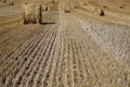 Rural landscape scene. Open spaces. Harvested field and stubble. Bales of collected straw. Royalty Free Stock Photo