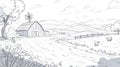 Farm Landscape with Barn, Windmill and Cows, Countryside Scene, Sketch Art Royalty Free Stock Photo