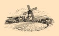 Rural landscape sketch. Farm, windmill and field. Vintage vector illustration