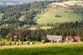 Rural Landscape with stacks of mown hay against the background of mountains Western Carpathians Royalty Free Stock Photo