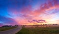 Rural landscape with sunrise,blue sky and clouds panorama. Royalty Free Stock Photo