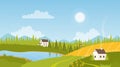 Rural landscape with sunrise, pastoral scenery with farm houses on green grassland hills Royalty Free Stock Photo