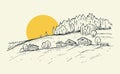 Rural landscape with sunrise. Sketch hand drawn vector illustration with a village houses on the mountain Royalty Free Stock Photo