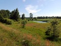 Rural landscape with trees, meadows, and a pond in the Warta River floodplain during summer Royalty Free Stock Photo