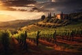 Rural landscape in Tuscany, Italy at sunset. Vineyards, AI Generated Royalty Free Stock Photo