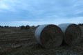 Rural landscape two haystacks bales of hay straw lying on a field close up in warm or cold light