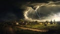 Rural landscape under storm clouds with lightning illuminating the night sky above traditional houses and trees Royalty Free Stock Photo