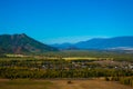 Rural landscape in the valley at the foot of the mountains