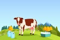 Rural landscape view, cow grazing, vector banner. Royalty Free Stock Photo