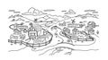 Rural landscape. Village field and the hills. Huts and farm fences. Hand drawn sketch. Countryside. Contour vector line