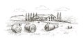 Rural landscape, village sketch. Farm, vintage vector illustration