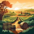 Rural landscape in vineyards, with grape fields in the background. Tuscany illustration