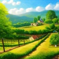 Rural landscape vineyards. Green vines on hills with trees and mountains Royalty Free Stock Photo