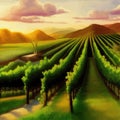 Rural landscape vineyards. Green vines on hills with trees and mountains Royalty Free Stock Photo