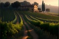 Rural landscape with vineyards and old house at sunrise, Tuscany, Italy