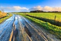 Rural landscape with wet road and grassland Royalty Free Stock Photo