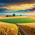 A rural landscape with wheat fields and a farm