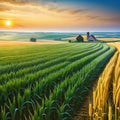 A rural landscape with wheat fields and a farm