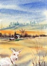 Rural landscape with windmill and city buildings silhouettes backcise. Goat in foreground is staring at you. Hand drawn Royalty Free Stock Photo