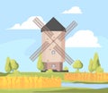 Rural landscape windmill. Farm background with growing wheat field and working windmill vector cartoon illustration Royalty Free Stock Photo