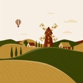 Rural landscape with windmill and farmhouses. Vector illustration of the Italian countryside. Spring scenery in Tuscany with