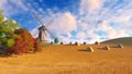 Rural landscape with windmill and haystacks