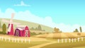 Rural landscape. Windmill and house in village. Vector cartoon background