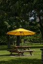 rural landscape with wooden table with benches and yellow umbrella on a farm in Canada