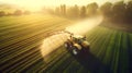 Rural landscape with a working tractor on the field.Agricultural land annually cultivated crops perennial grasses