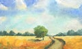 Rural landscape with field, tree, path trail, blue sky with clouds. watercolor illustration