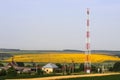 Rural landscape. Yellow wheat, rapeseed or mustard field with a telecommunication tower and village houses.