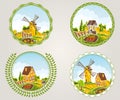Rural landscapes label set with village and fields symbols isolated vector Royalty Free Stock Photo