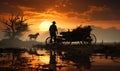 Rural life of an Asian rural man driving a mule harnessed to a cart