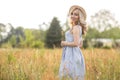 Rural, rural life. Walking through the meadow blonde young woman in a hat. Summertime Royalty Free Stock Photo