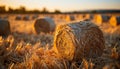 Rural meadow, golden wheat, rolled hay bales under sunset generated by AI Royalty Free Stock Photo