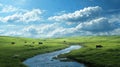 Peaceful Meadow River Landscape with Cows Grazing Under a Blue Sky with Clouds Royalty Free Stock Photo