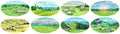 Rural meadow set. A village landscape with cows, goats and lamb, hills and a farm. Sunny scenic country view. Hand drawn Royalty Free Stock Photo