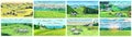 Rural meadow set. A village landscape with cows, goats and lamb, hills and a farm. Sunny scenic country view. Hand drawn Royalty Free Stock Photo