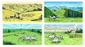 Rural meadow set. A village landscape with sheep, hills and a farm. Sunny scenic country view. Hand drawn engraved Royalty Free Stock Photo