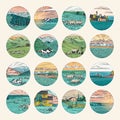 Rural meadow stickers. A village landscape with cows, goats and lamb, hills and a farm. Sunny scenic country view. Hand Royalty Free Stock Photo