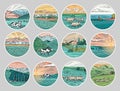Rural meadow stickers. A village landscape with cows, goats and lamb, hills and a farm. Sunny scenic country view. Hand Royalty Free Stock Photo