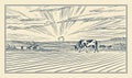 Rural meadow. A village landscape with cows, hills and a farm. Sunny scenic country view. Hand drawn engraved sketch Royalty Free Stock Photo