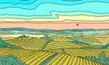 Rural Mountain landscape. Farm field or Vineyard. Agriculture and Green hills and meadows, country background for banner