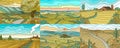 Rural Mountain landscapes. Farm fields set. Agriculture and Vineyard. Green hill and meadow, country background for