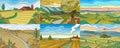 Rural Mountain landscapes. Farm fields set. Agriculture and Vineyard. Green hill and meadow, country background for