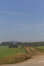 Rural muddy path on a green field countryside landscape