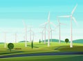Rural narure with windmills, wind turbines, field, trees. Summer landscape with windmills as symbol of ecological energy. Royalty Free Stock Photo