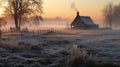 A rural New Year\'s morning, with a rustic farmhouse surrounded by golden fields covered in a blanket of morning dew.