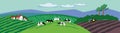 Rural panorama. Cows graze in the meadows. The tractor plows the fields